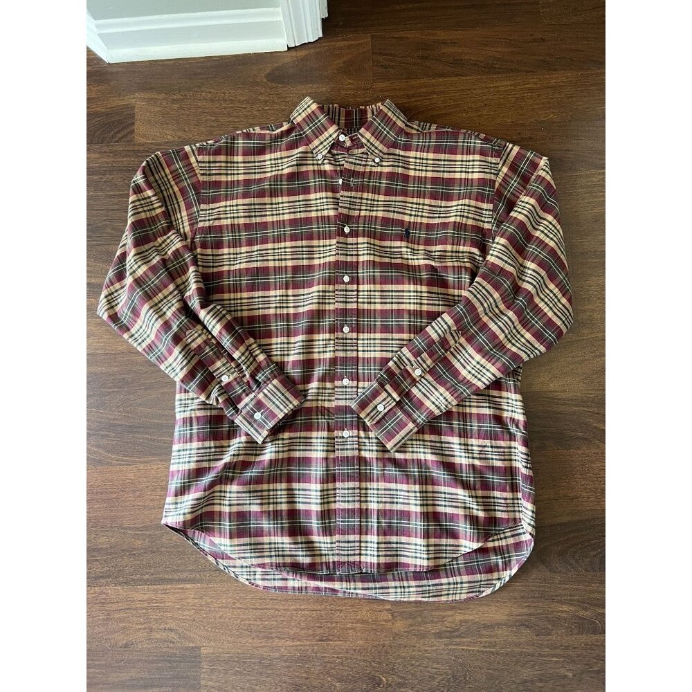 Ralph Lauren Plaid Button Down Shirt L | 100% Cotton | Burgundy Tan Green